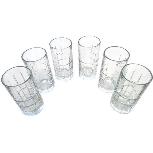 Vintage Anchor hocking 6pc Tartan drink glassware plaid etched geo pattern16oz - Picture 1 of 6